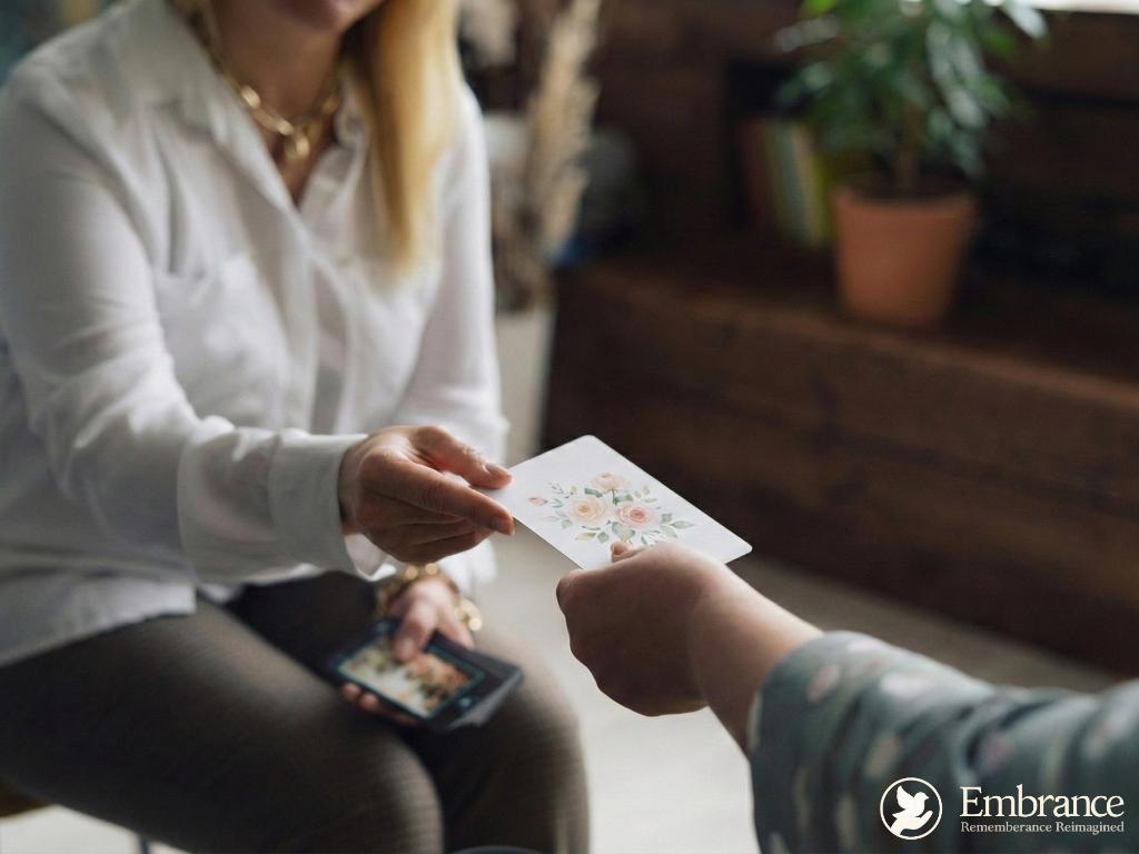 One person handing a sympathy card to another