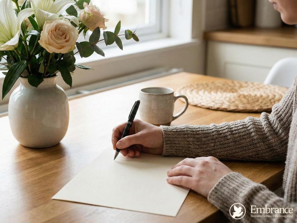 Person writing at desk with flowers