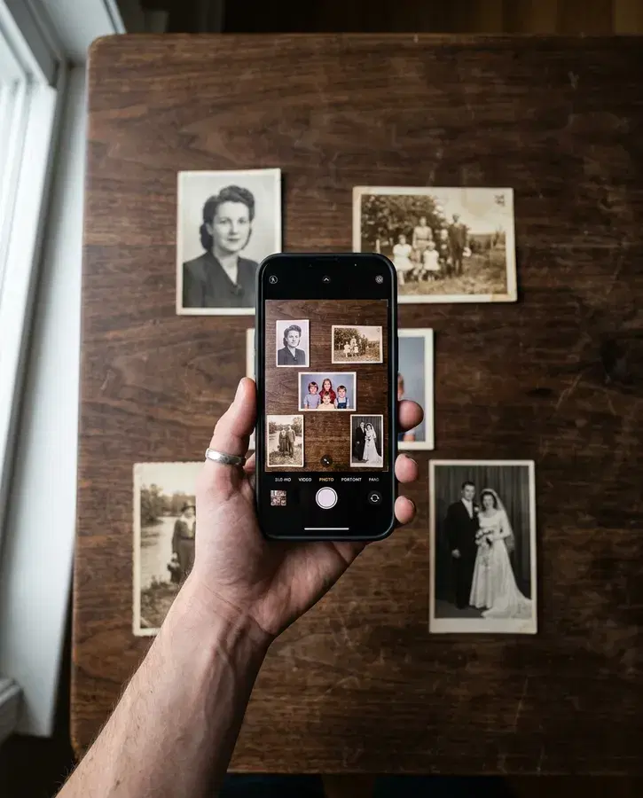 A phone held above old printed photographs on a wooden table by a window, with several prints in one shot on the screen
