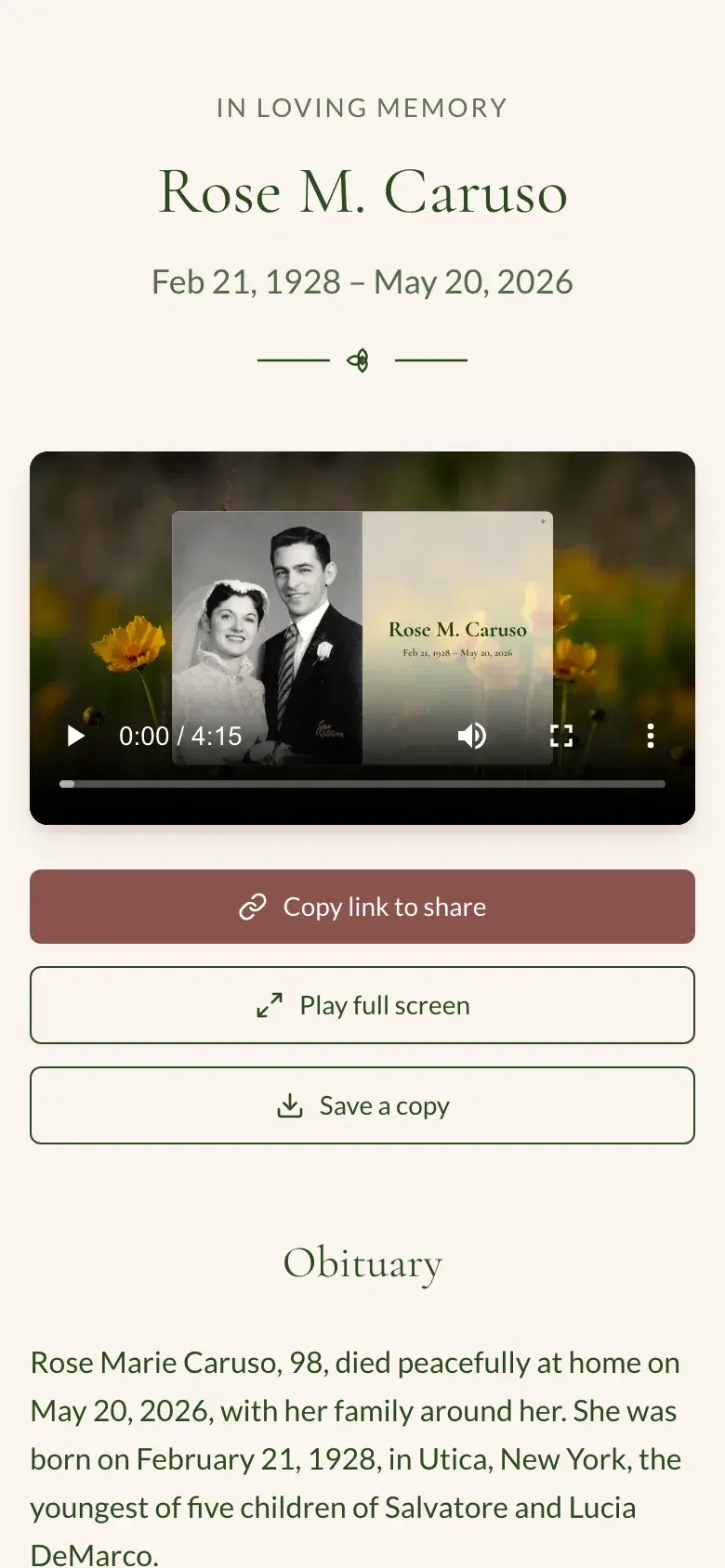 A phone showing the memorial page a headstone plaque opens: a name and dates, a slideshow ready to play, and an obituary below it