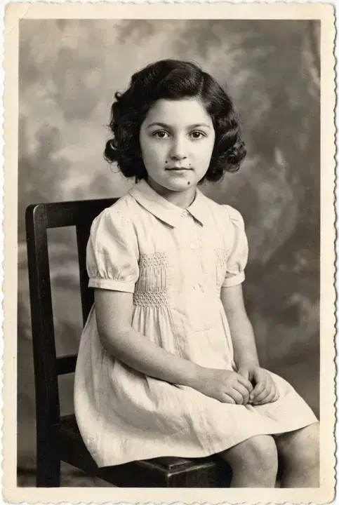 A young girl seated on a wooden chair in a studio portrait