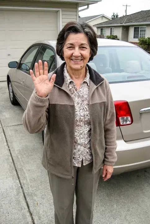 A woman waving beside a car in a driveway