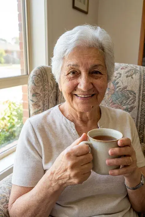 A woman in an armchair holding a mug of tea