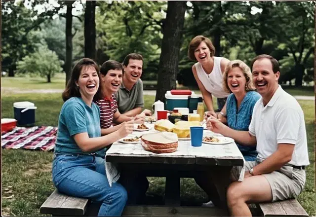 Colour print of a family laughing around a picnic table.