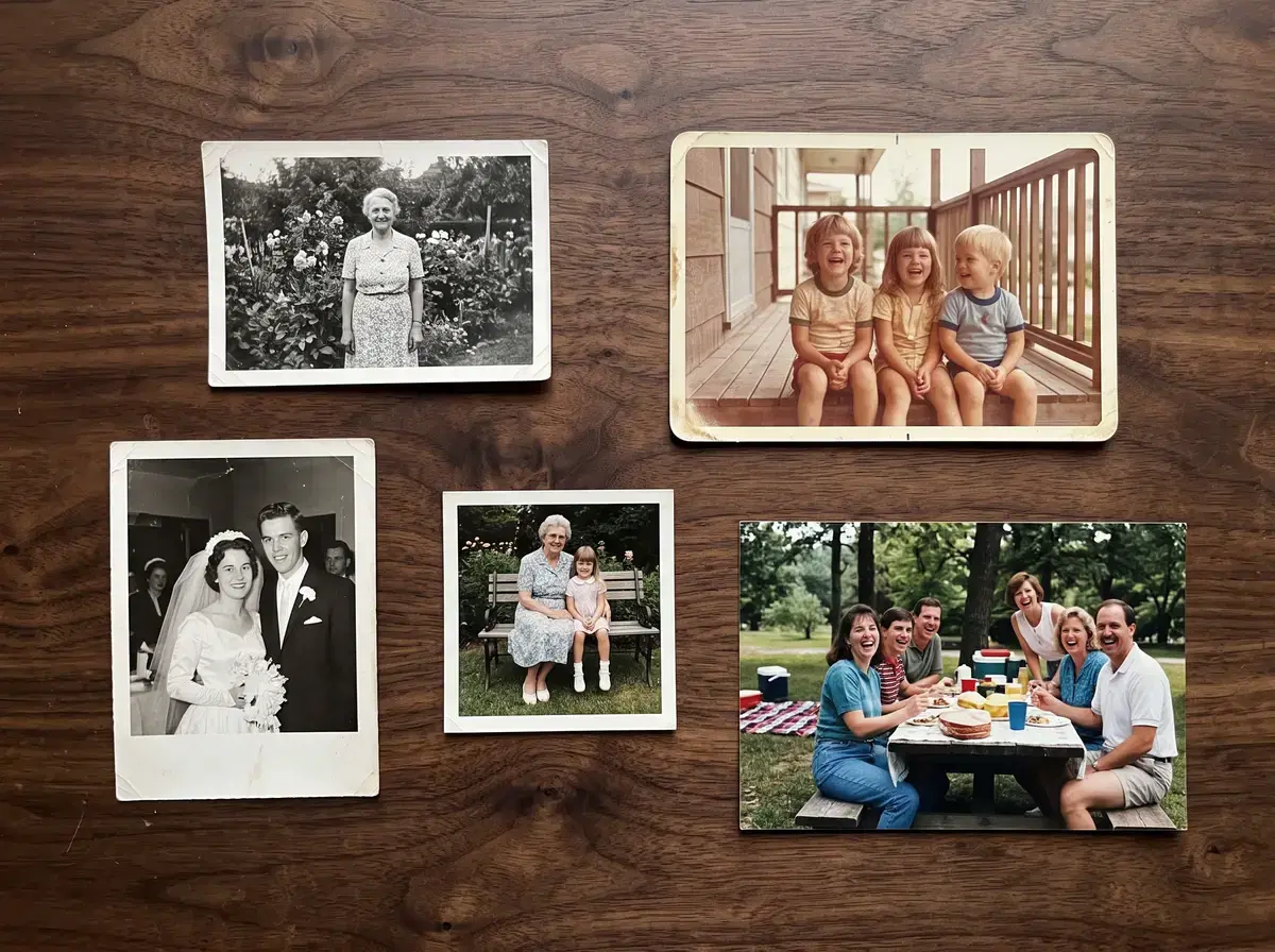 Five old printed photographs laid out on a dark wood table, seen from straight above, with a gap of table around each one.