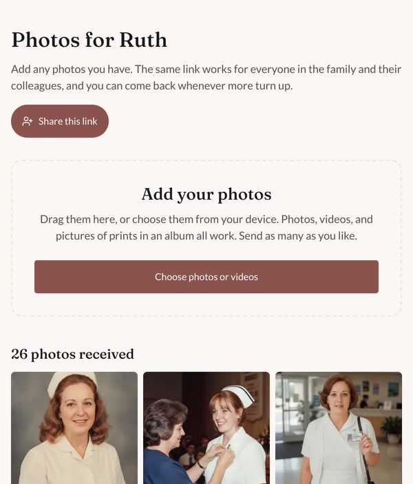 The collect page for retirement slideshow, with photos received